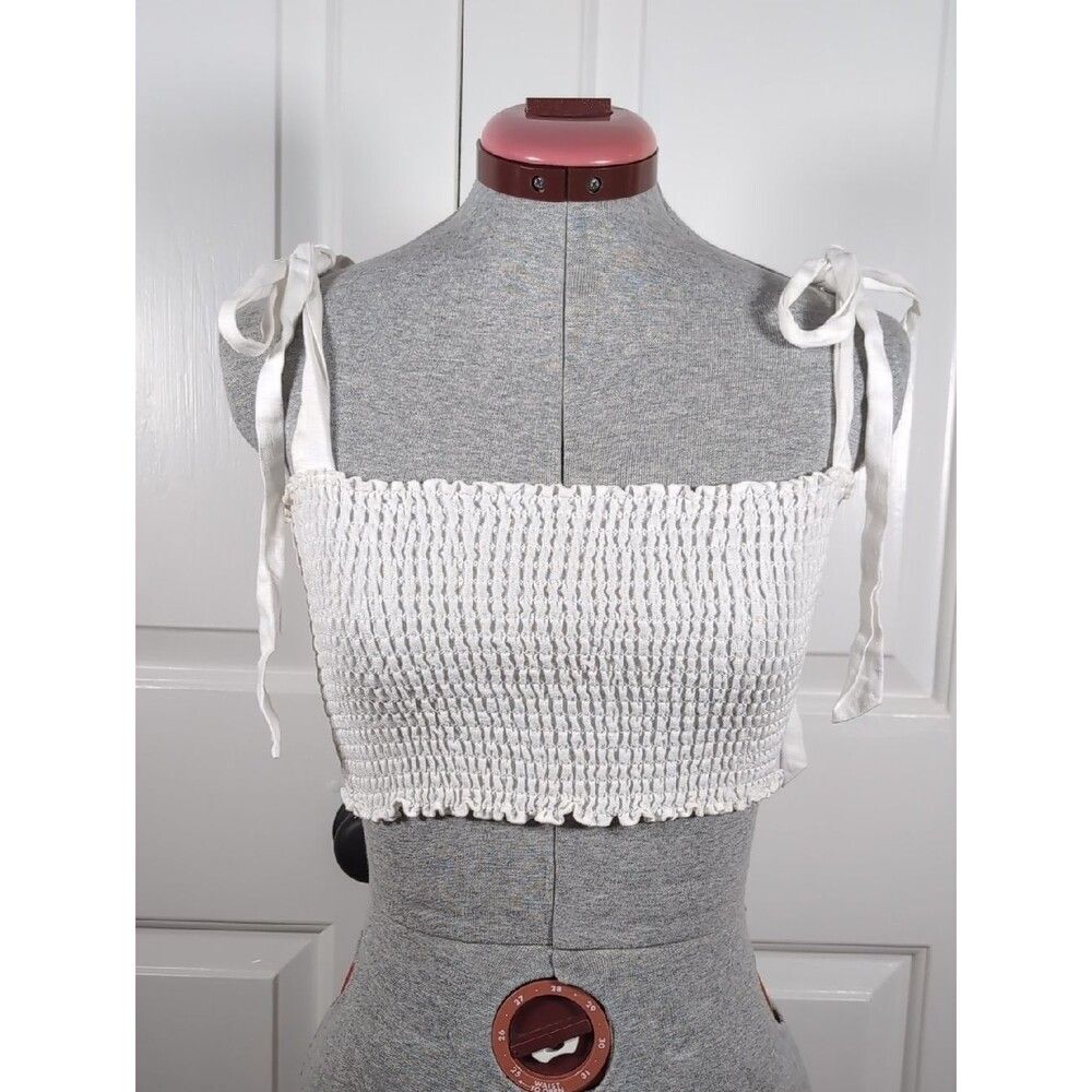 Reformation Leonore Smock Crop Top White Tie Shoulder Ruffle Bodice Tank Size 2